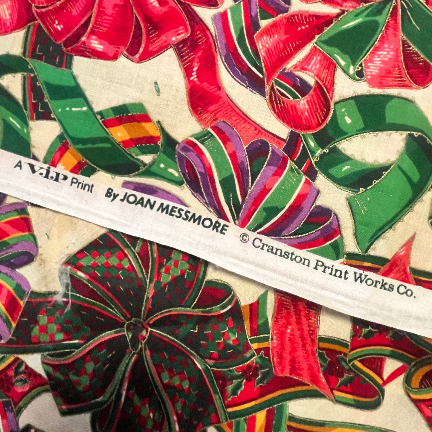 1 1/3 Yard “Holiday Ribbons” by Joan Messmore for Cranston Print Works, V.I.P. Quilting Cotton