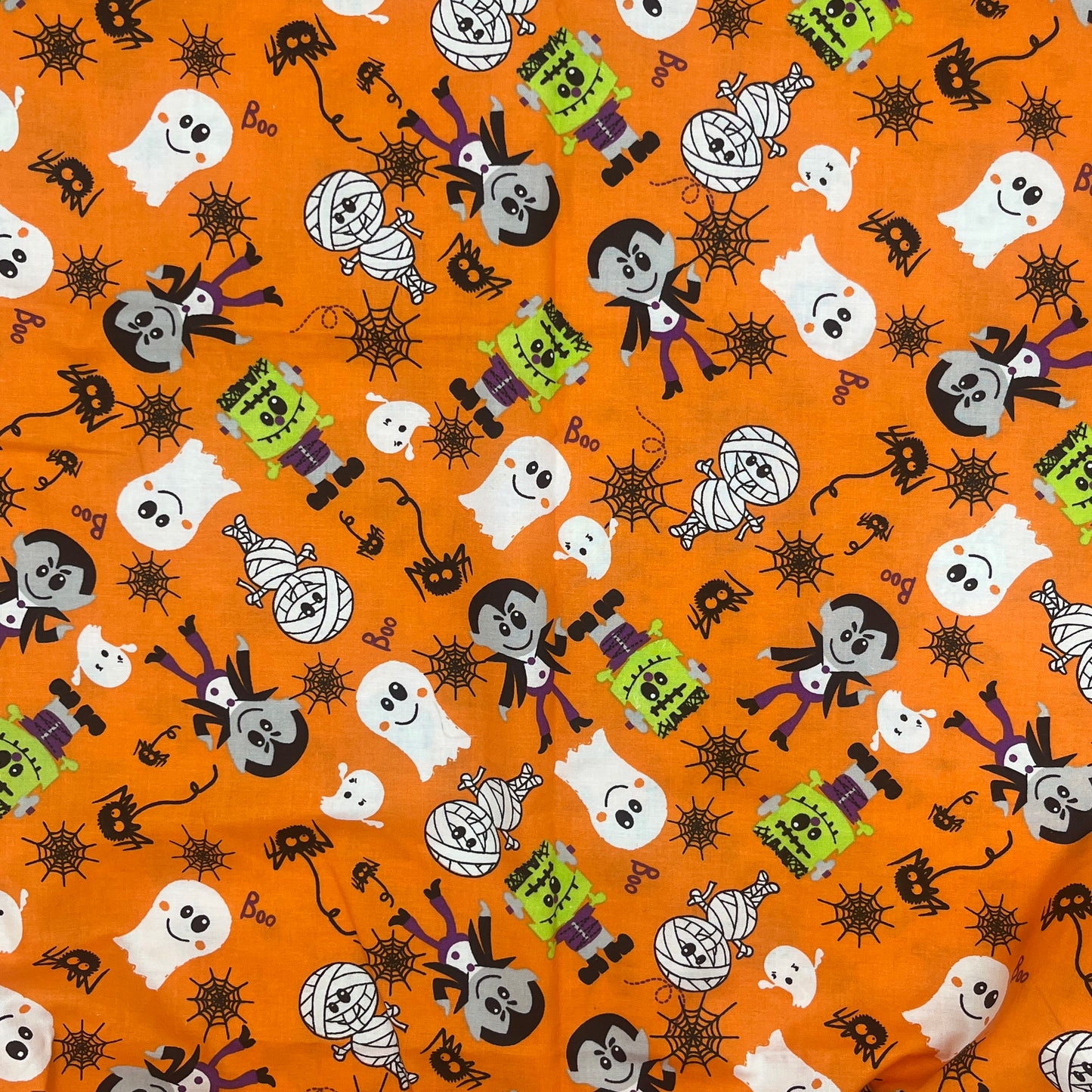 2/3 Yard Halloween Premium Quilting Cotton, Orange Ghost & Skeleton Print