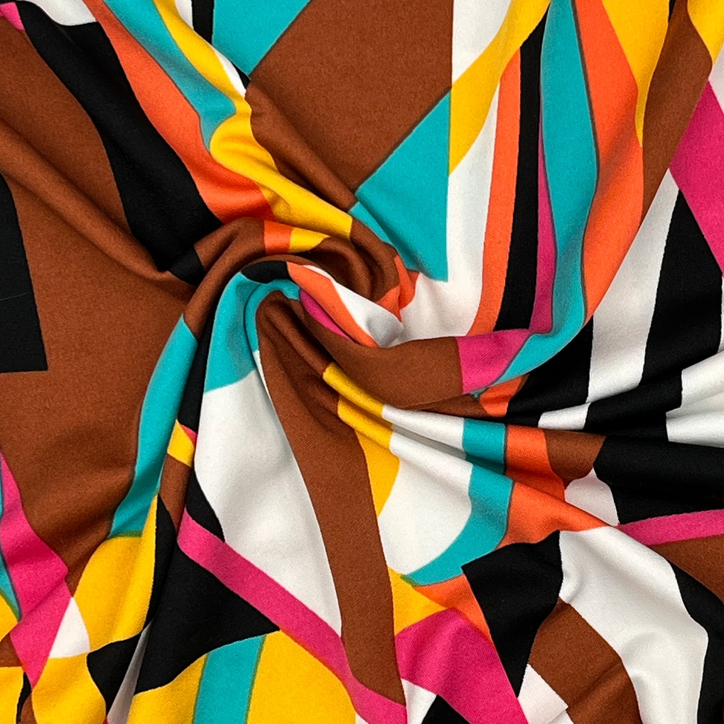 3 Yards Retro Geometric ITY Knit, Brown, Teal, Pink & Gold on White