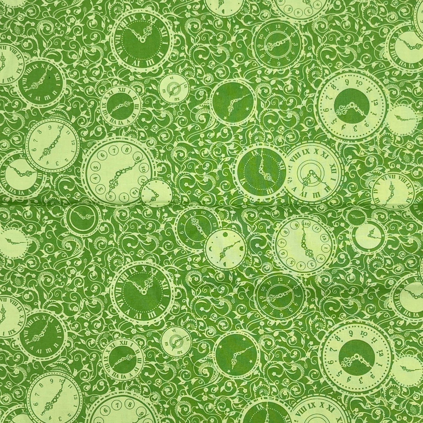 1 Yard Green Clock Print, Premium Quilting Cotton