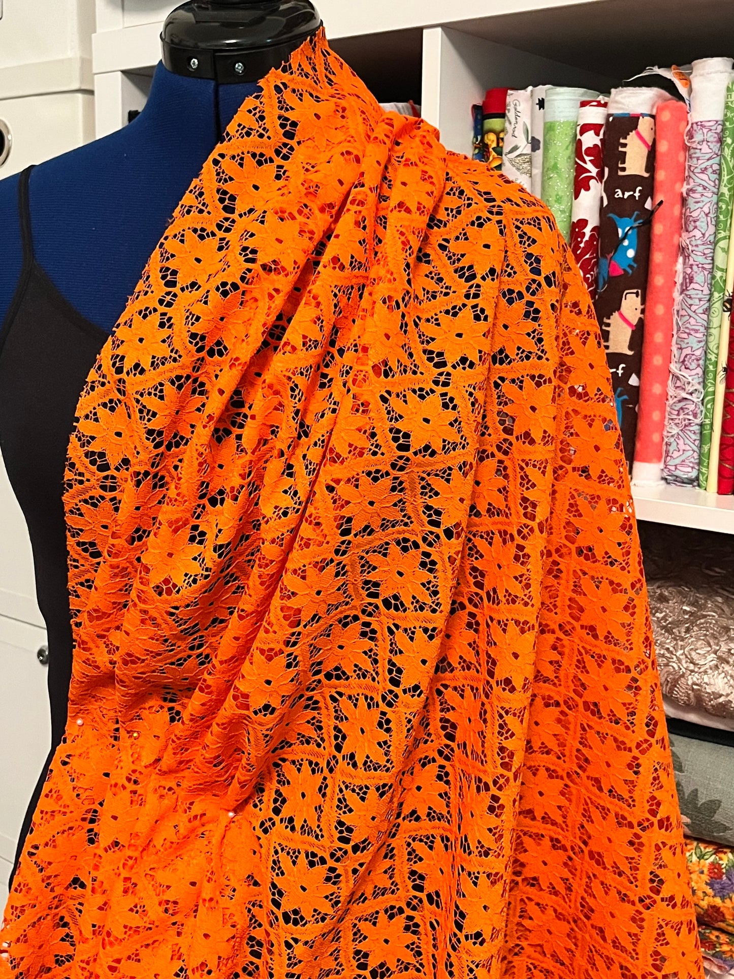 3 1/3 Yards Bright Orange Lace Overlay