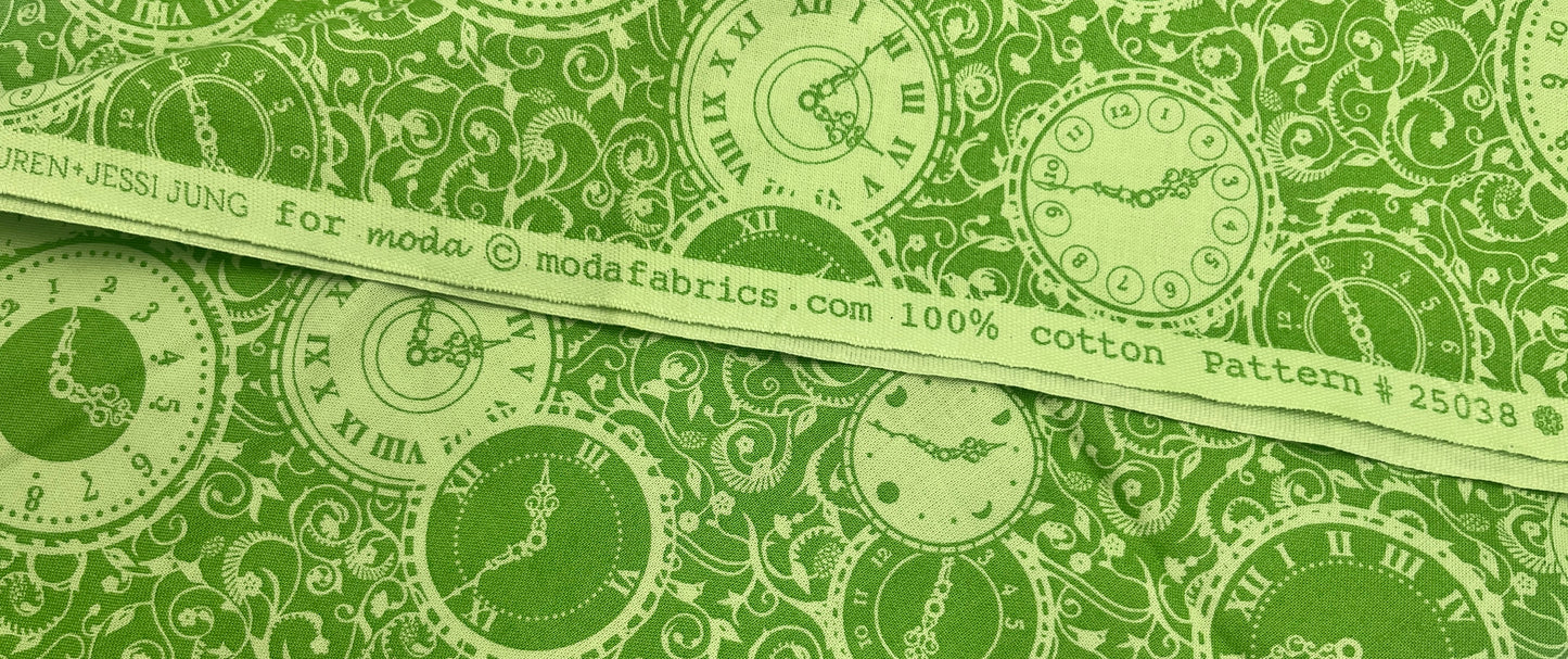 1 Yard Green Clock Print, Premium Quilting Cotton