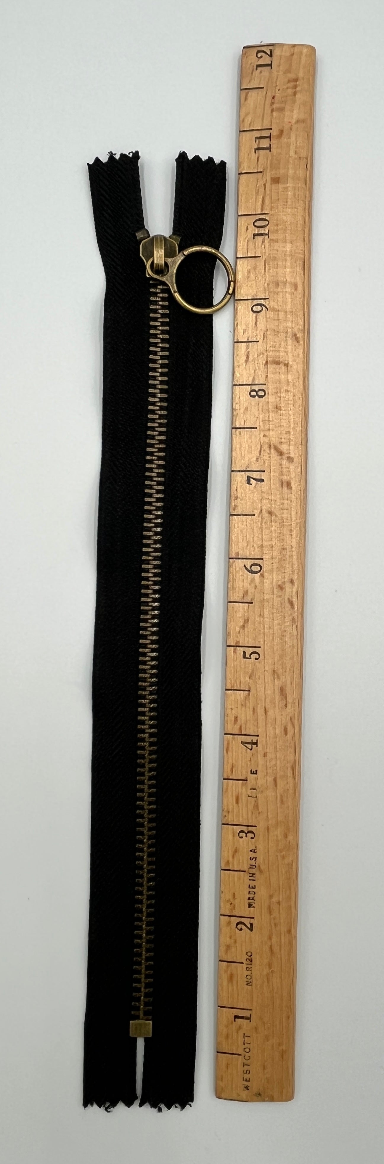 9" Brass Ring Pull Metal Zipper, Black Tape, Antique Gold Teeth