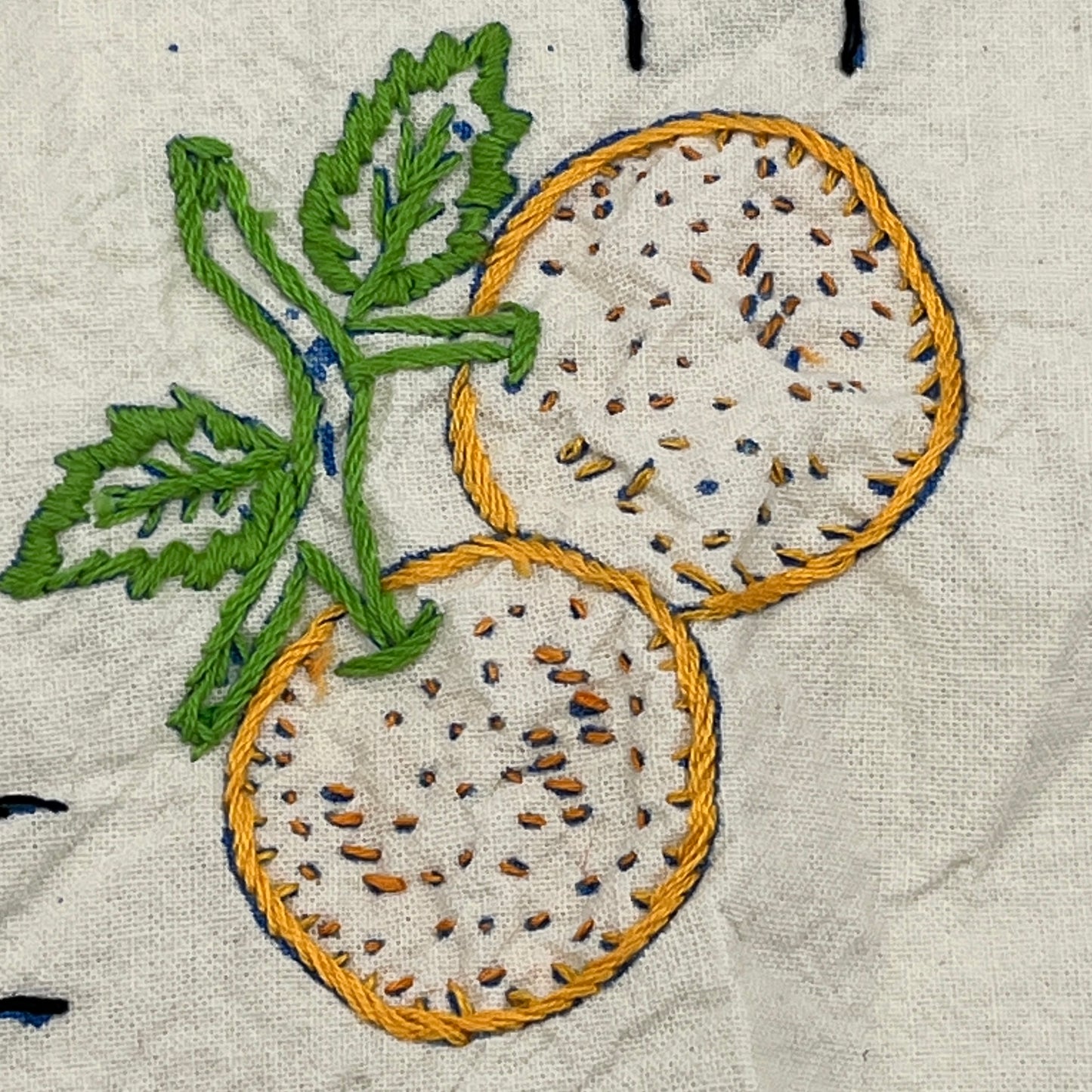 Vintage Hand-Embroidered Fruit & Flower Square, Cottagecore Linen Panel
