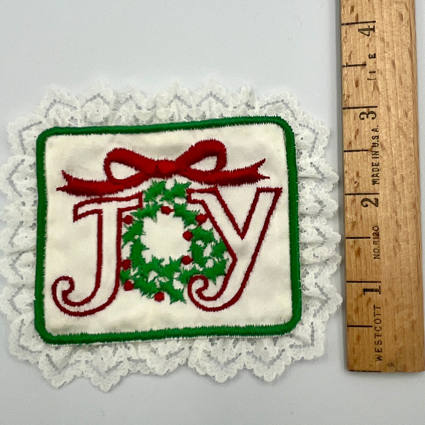 Vintage “JOY” Christmas Embroidered Patch, with Lace