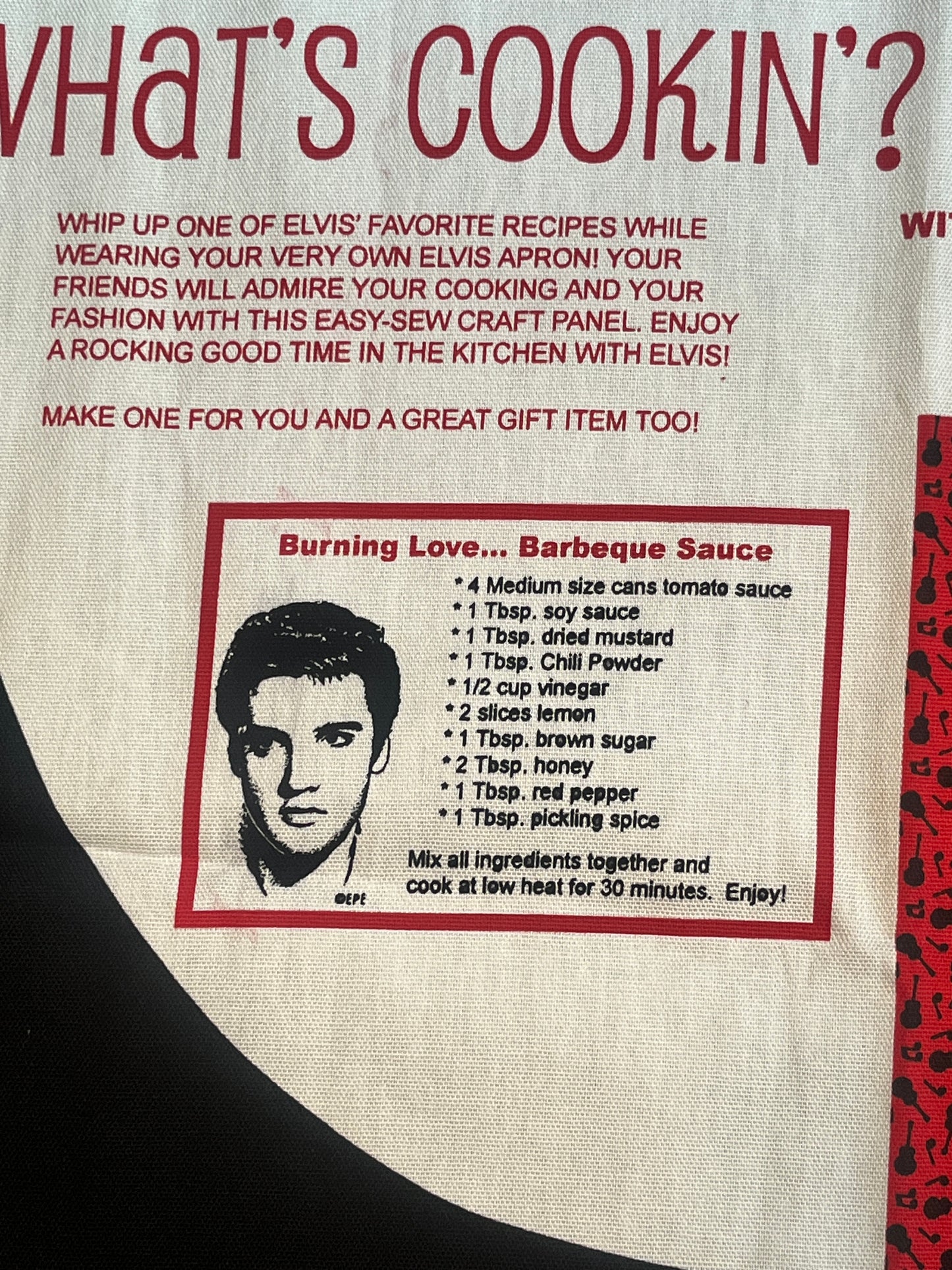 Vintage Elvis Presley Apron Panel, “What’s Cookin’?” BBQ Recipe Print, Cotton