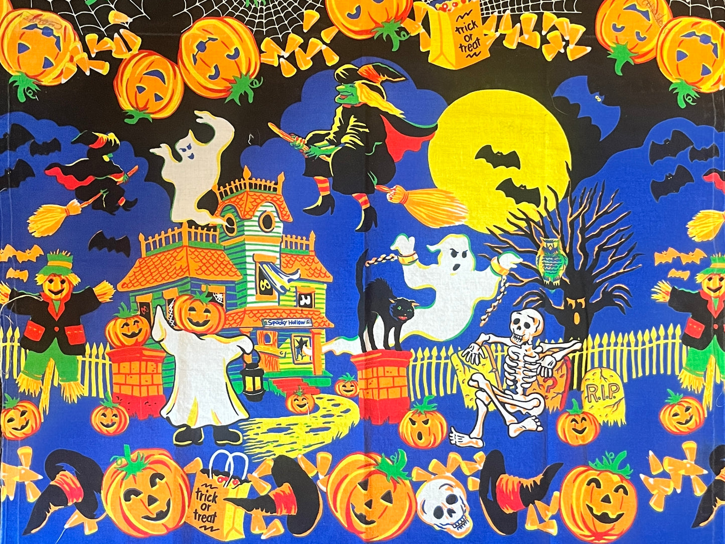 Vintage Halloween Panel, Kitschy Trick-or-Treat Scene, Cotton