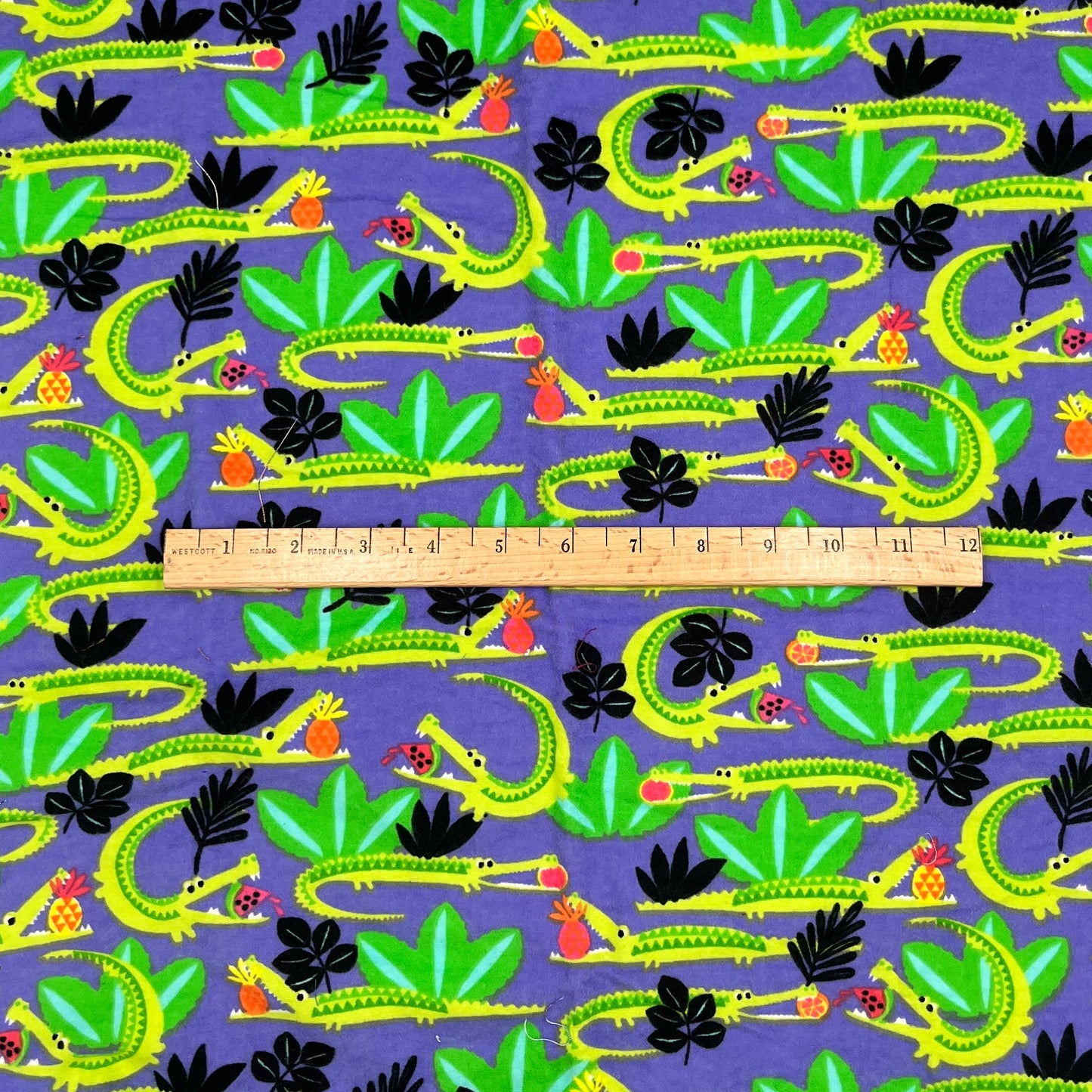 2/3 Yard Alligators & Leaves on Purple, Cotton Flannel