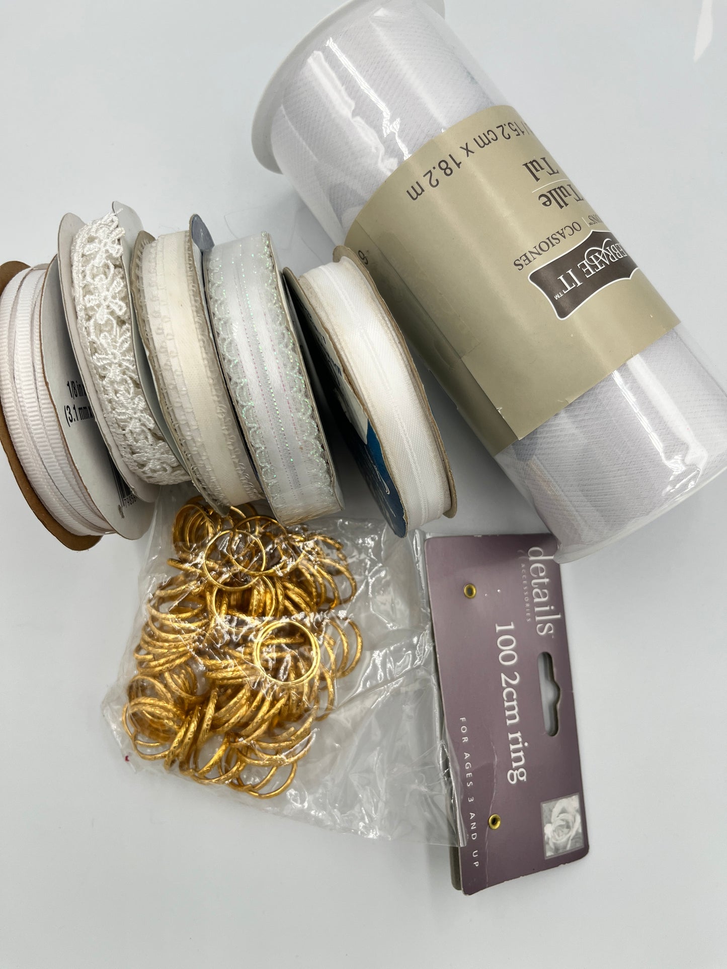 Ribbon Bundle, Bridal Whites & Gold Tone Rings, Lace, Satin, and Tulle Trims