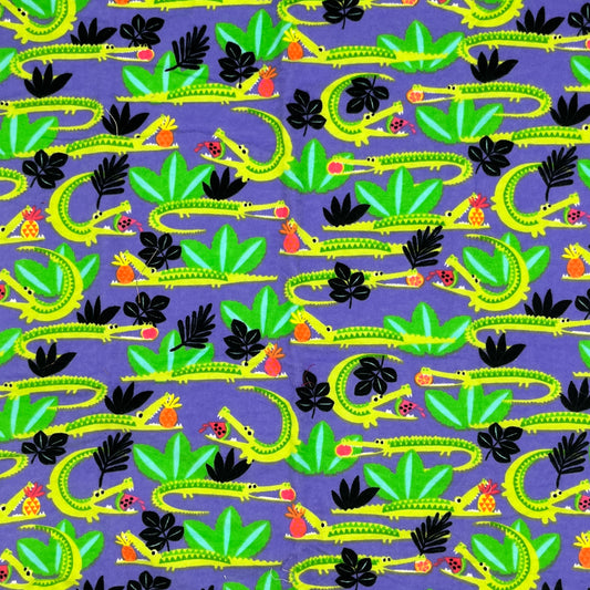 2/3 Yard Alligators & Leaves on Purple, Cotton Flannel