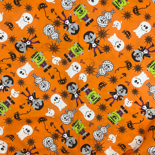 2/3 Yard Halloween Premium Quilting Cotton, Orange Ghost & Skeleton Print