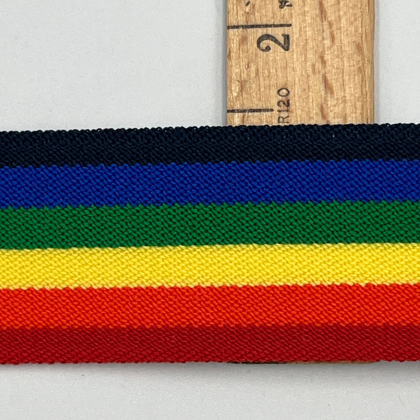 SPECIAL BUY, 1 3/8 Inch Wide Rainbow Stripe Belt, Suspender Elastic, Bold Retro Stretch Trim (Sold by the Foot)