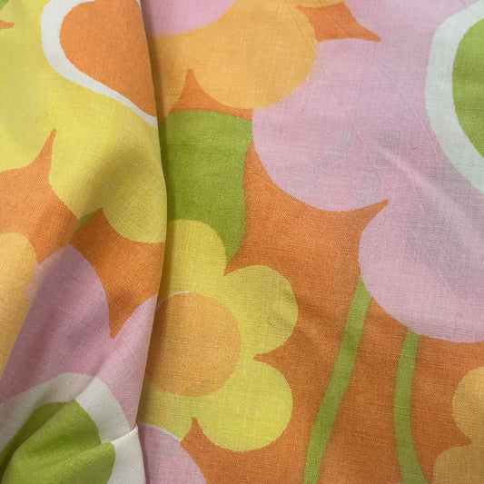 Vintage Mod Floral Twin Fitted Sheet – Pink, Orange, Yellow & Green (Cotton Blend)