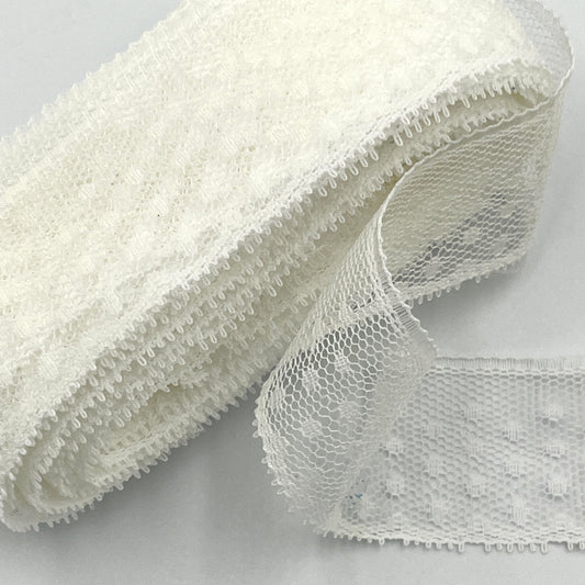 11 Yards White Flat Dotted Lace Trim,  1" Wide