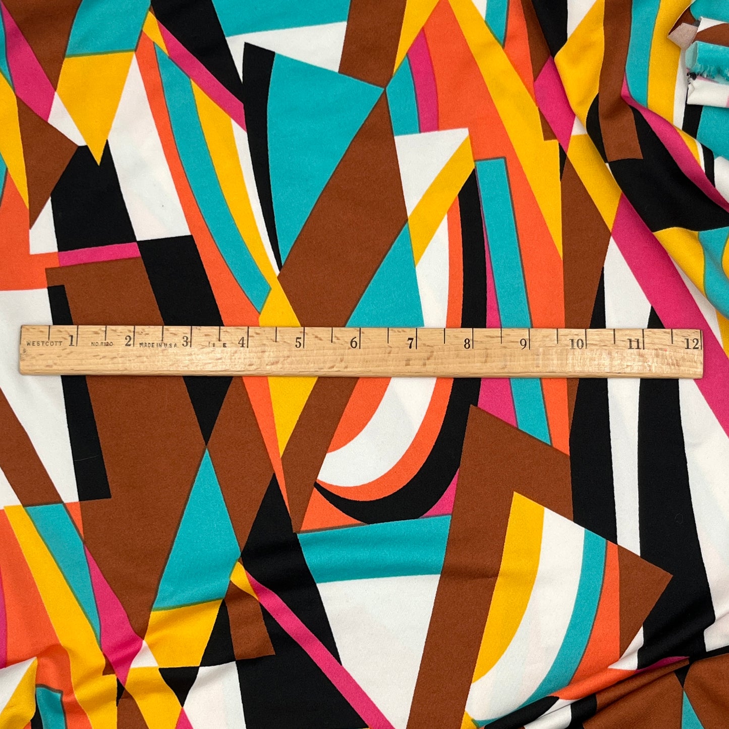 3 Yards Retro Geometric ITY Knit, Brown, Teal, Pink & Gold on White