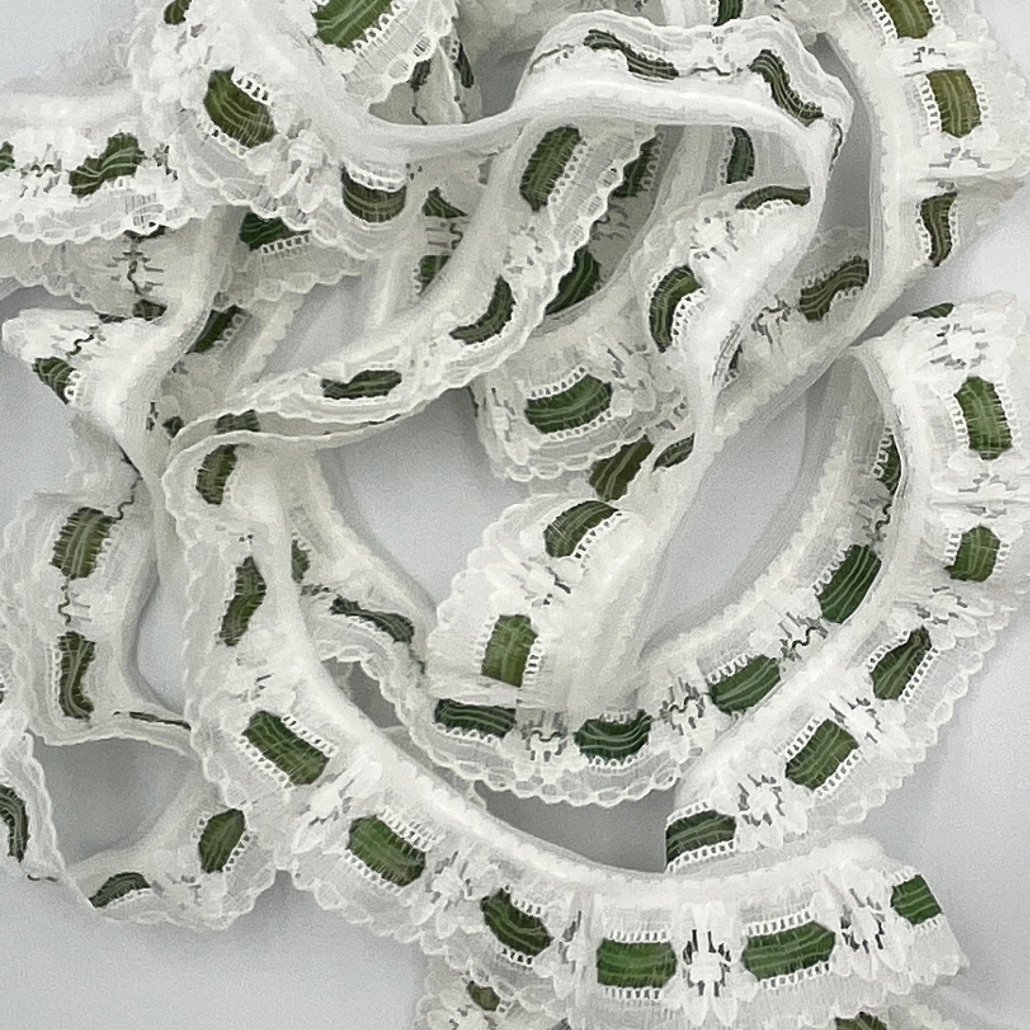 2 Yards 32 Inches White Ruffled Lace Trim with Olive Accent