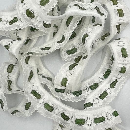 2 Yards 32 Inches White Ruffled Lace Trim with Olive Accent