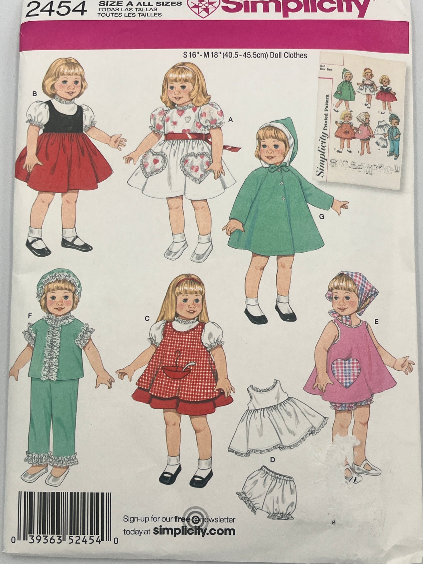 Simplicity 2454 Uncut Pattern, Doll Clothes