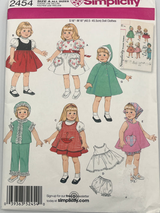Simplicity 2454 Uncut Pattern, Doll Clothes