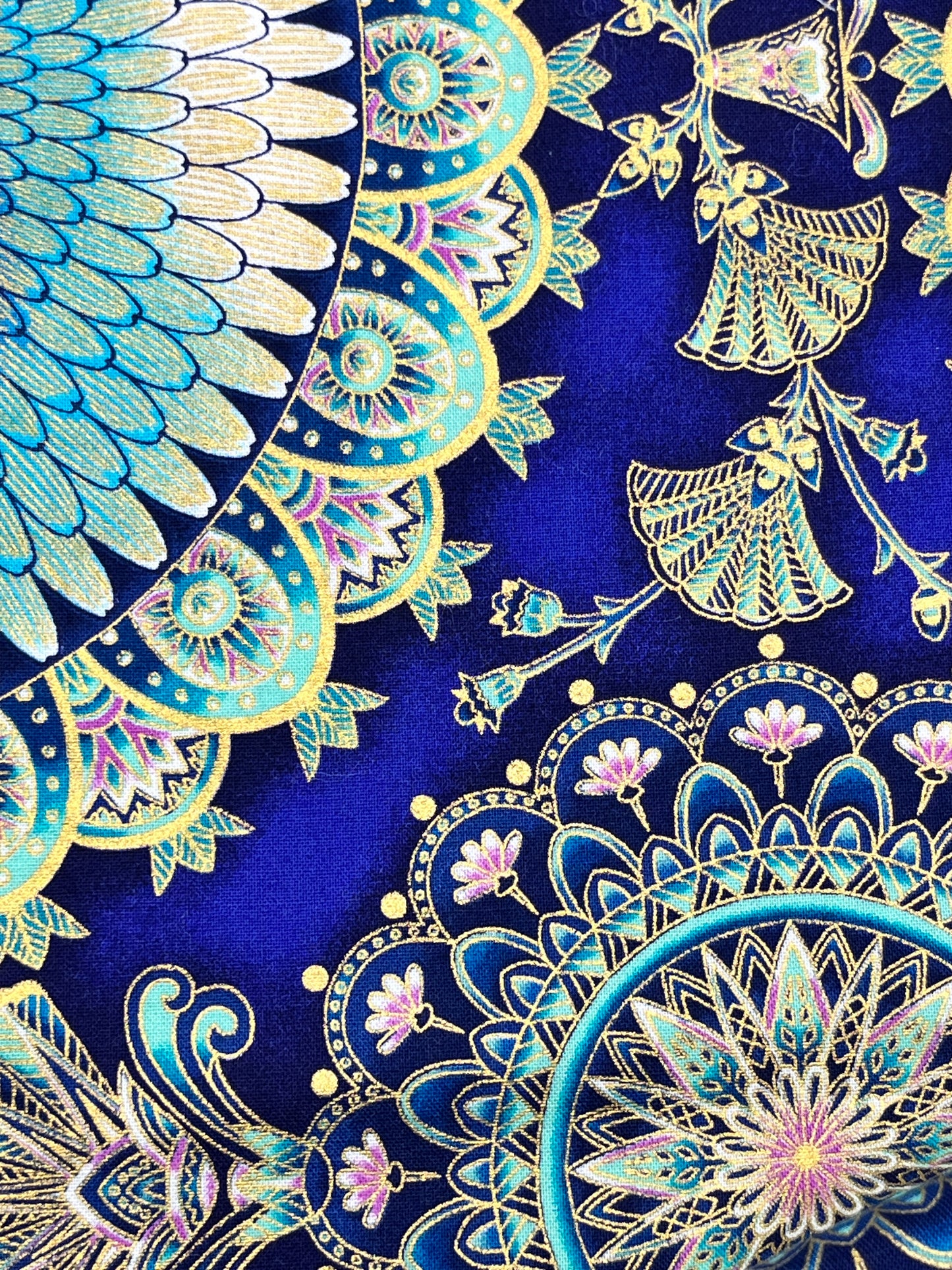 2 1/4 Yards Blue & Gold Mandala Cotton, Metallic Print