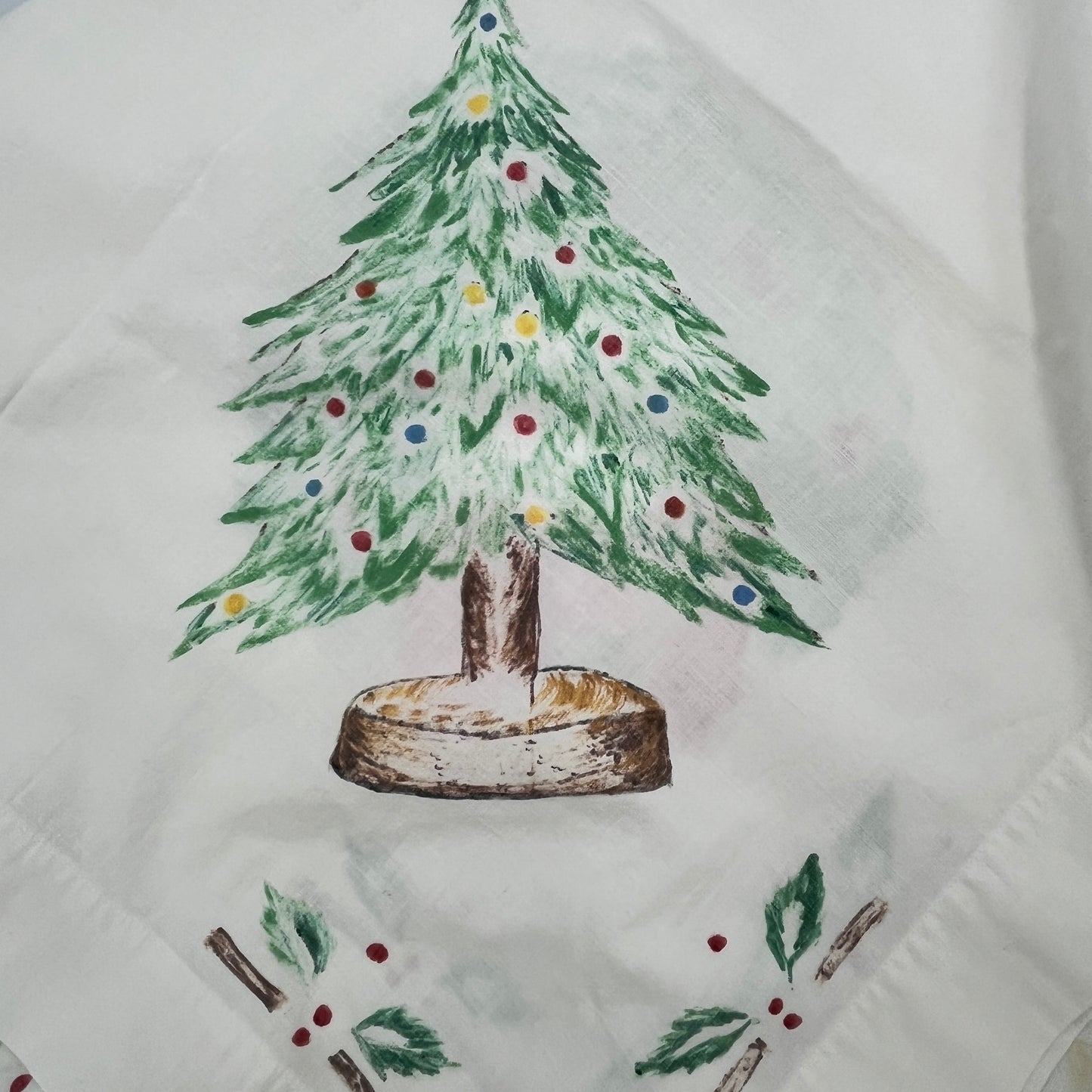 47" x 51" Hand-Painted Christmas Tablecloth, Vintage Cotton