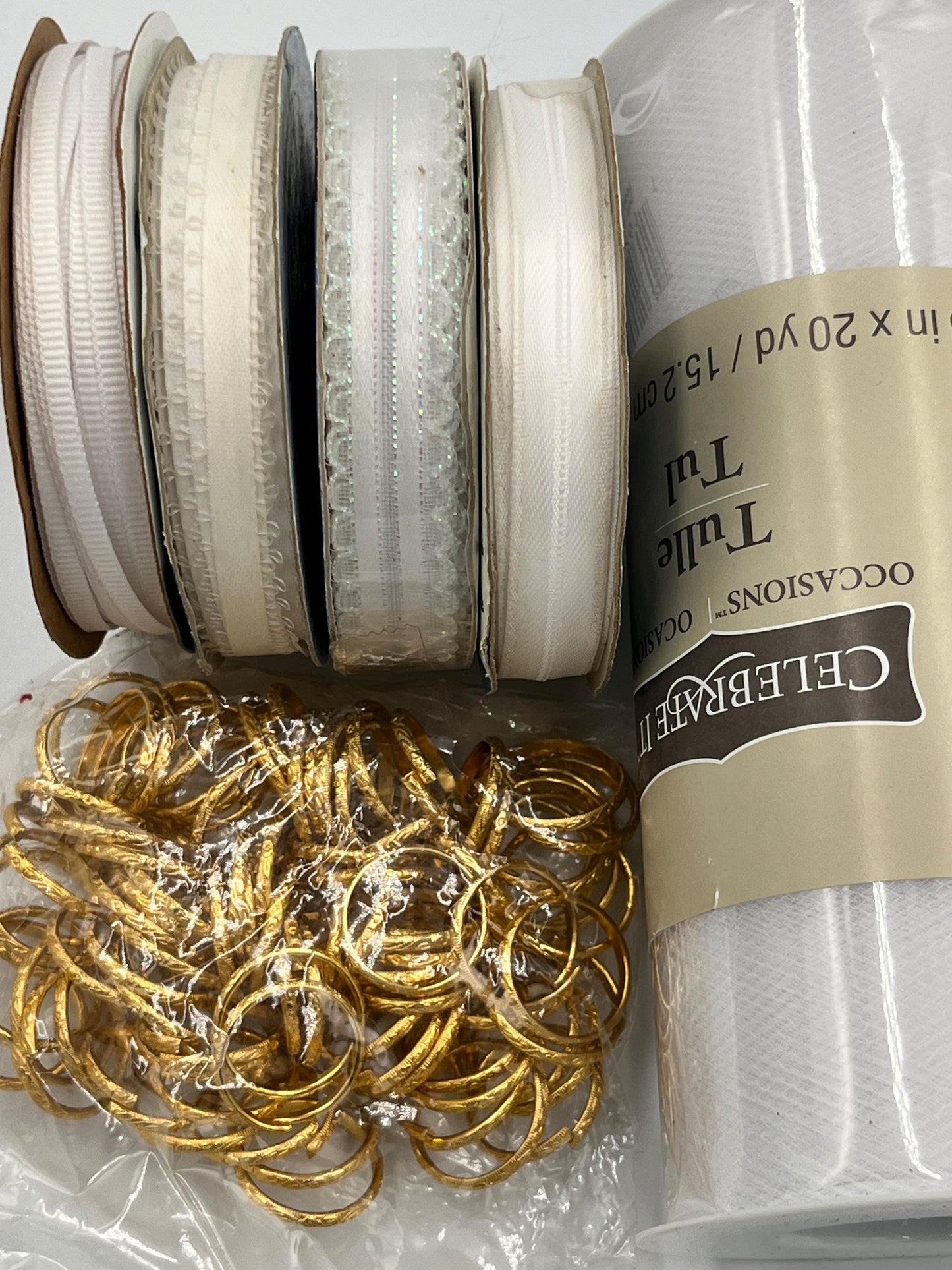 Ribbon Bundle, Bridal Whites & Gold Tone Rings, Lace, Satin, and Tulle Trims