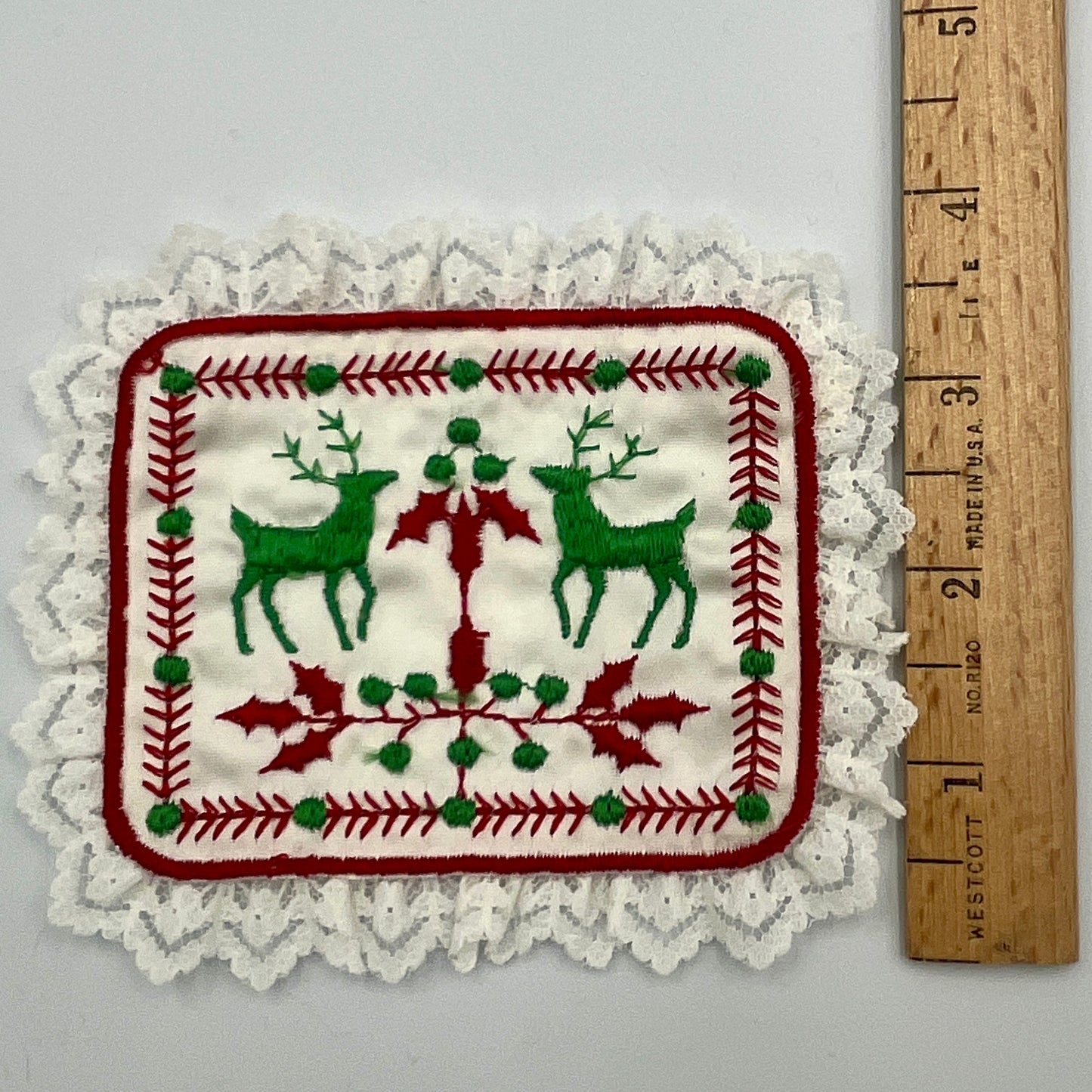 Vintage Reindeer Christmas Embroidered Patch, with Lace