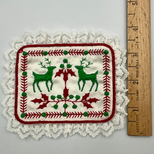Vintage Reindeer Christmas Embroidered Patch, with Lace