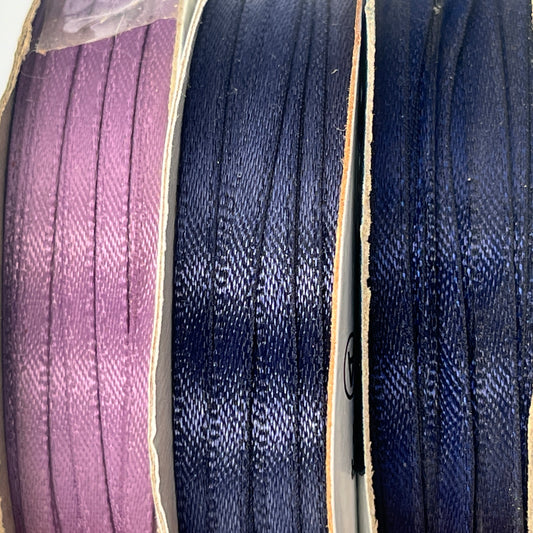 Ribbon Bundle, 3 Narrow Satin Ribbons, Purple & Navy