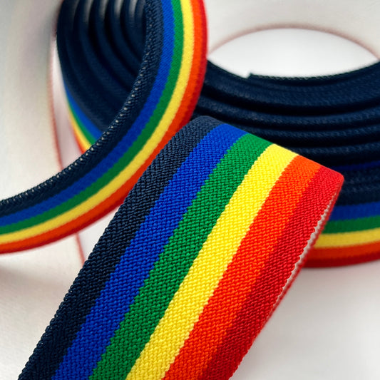 SPECIAL BUY, 1 3/8 Inch Wide Rainbow Stripe Belt, Suspender Elastic, Bold Retro Stretch Trim (Sold by the Foot)