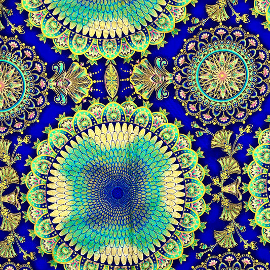 2 1/4 Yards Blue & Gold Mandala Cotton, Metallic Print