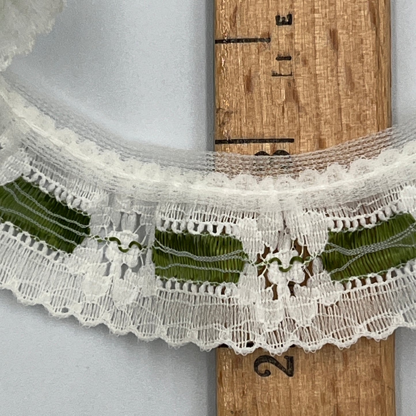 2 Yards 32 Inches White Ruffled Lace Trim with Olive Accent