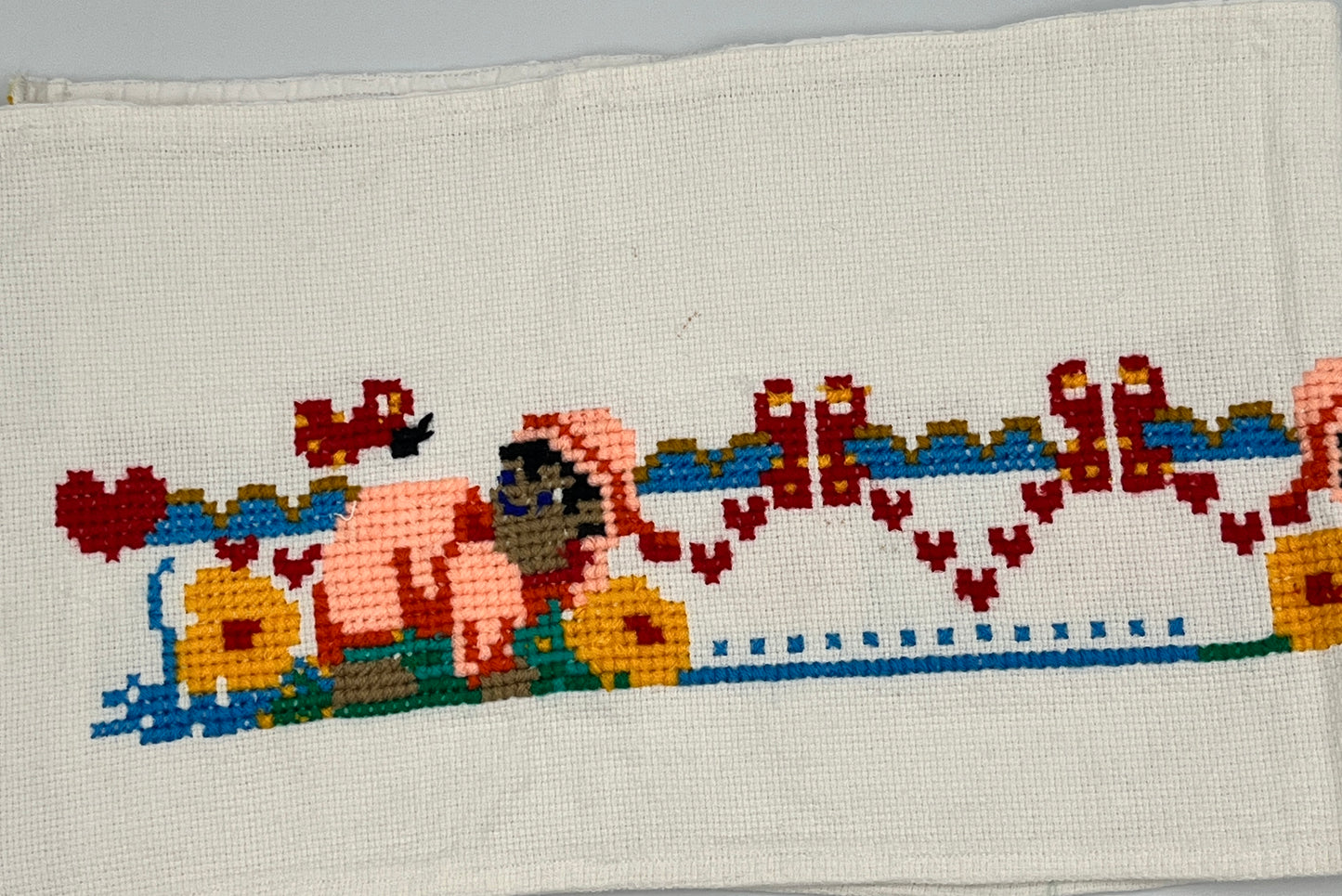Vintage Hand-Stitched Cross Stitch Panel, 9” x 27”