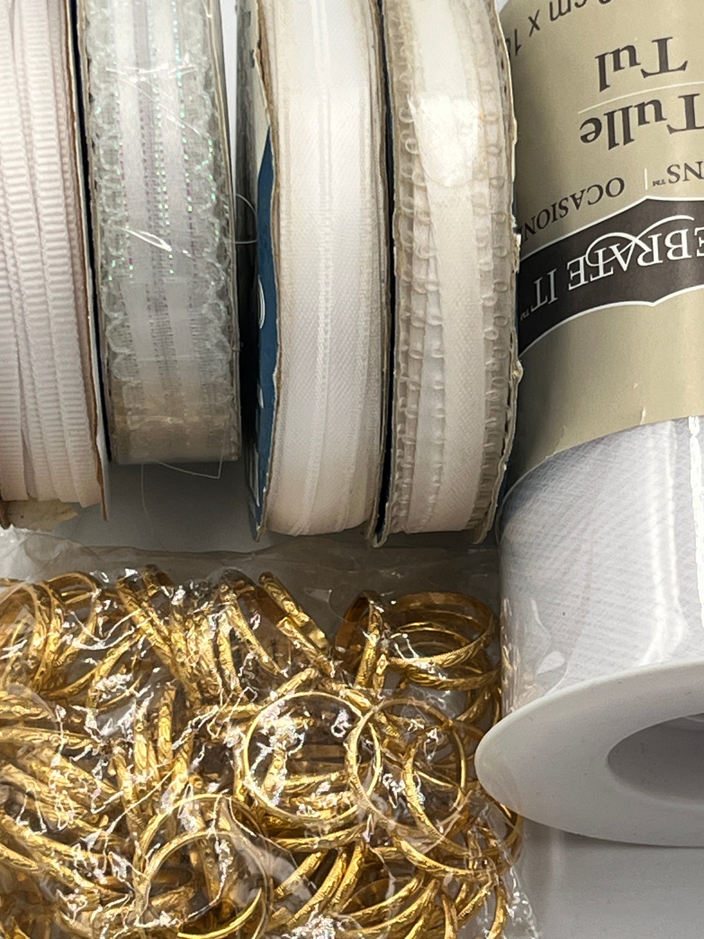 Ribbon Bundle, Bridal Whites & Gold Tone Rings, Lace, Satin, and Tulle Trims