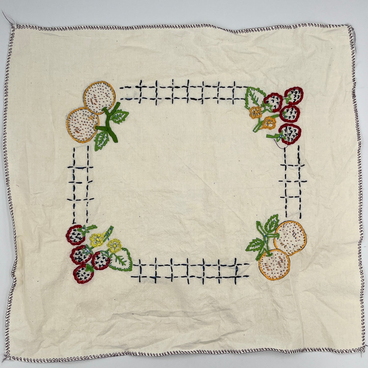 Vintage Hand-Embroidered Fruit & Flower Square, Cottagecore Linen Panel