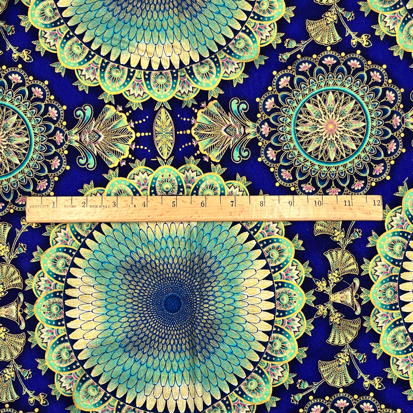 2 1/4 Yards Blue & Gold Mandala Cotton, Metallic Print