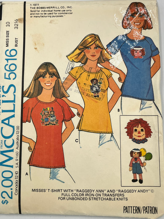 McCall's Pattern 5616, Vintage, Size 10, includes Raggedy Ann and Andy iron on transfers