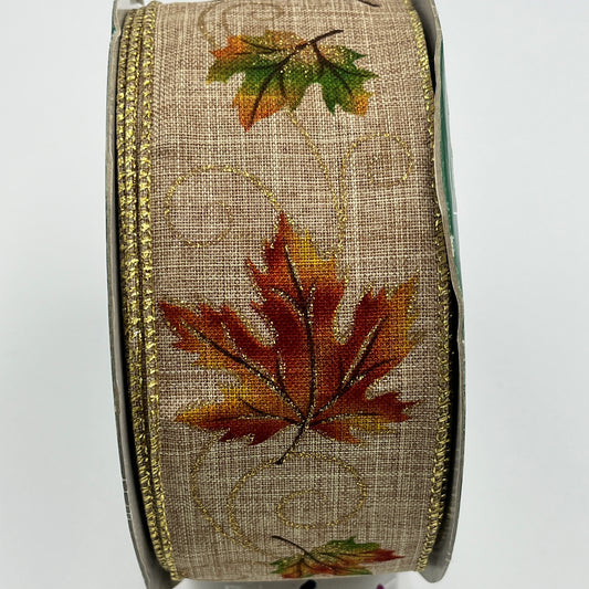 Kirkland Wire-Edged Ribbon – Fall Maple Leaves, 2.5" x 50 Yards