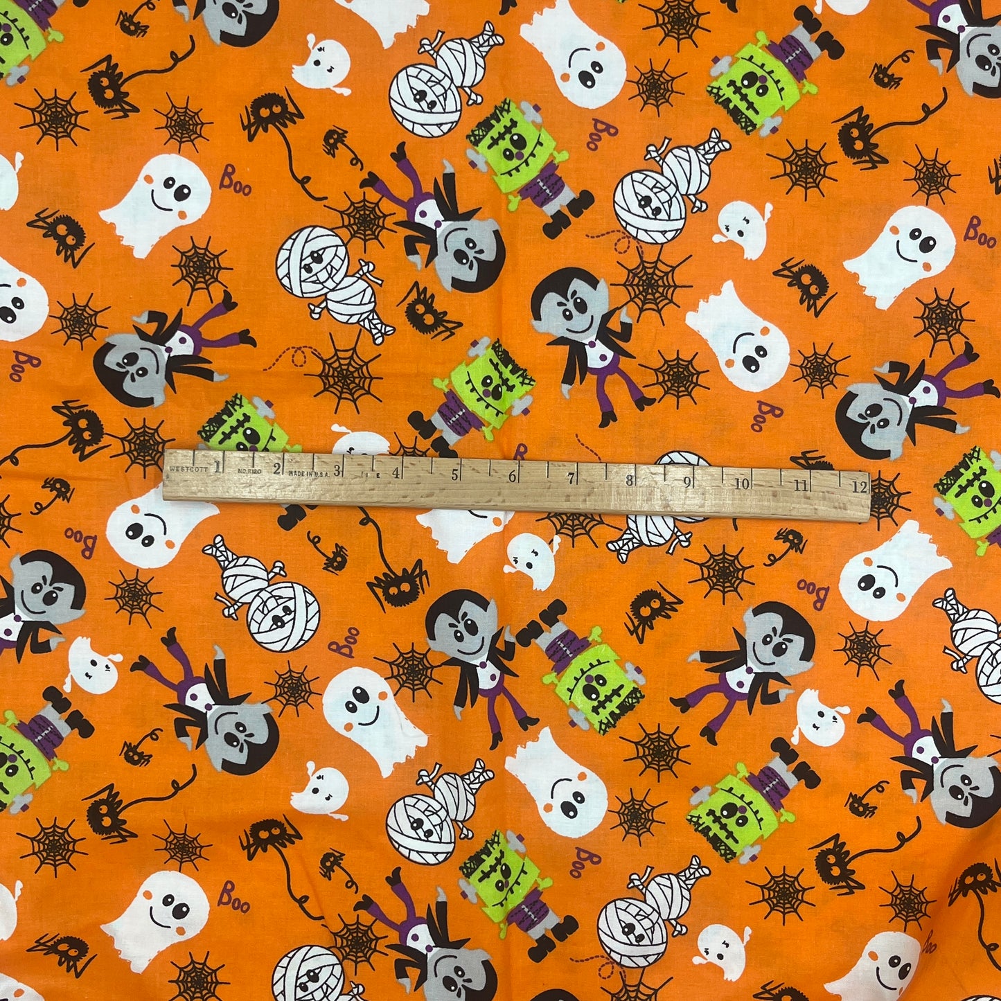 2/3 Yard Halloween Premium Quilting Cotton, Orange Ghost & Skeleton Print