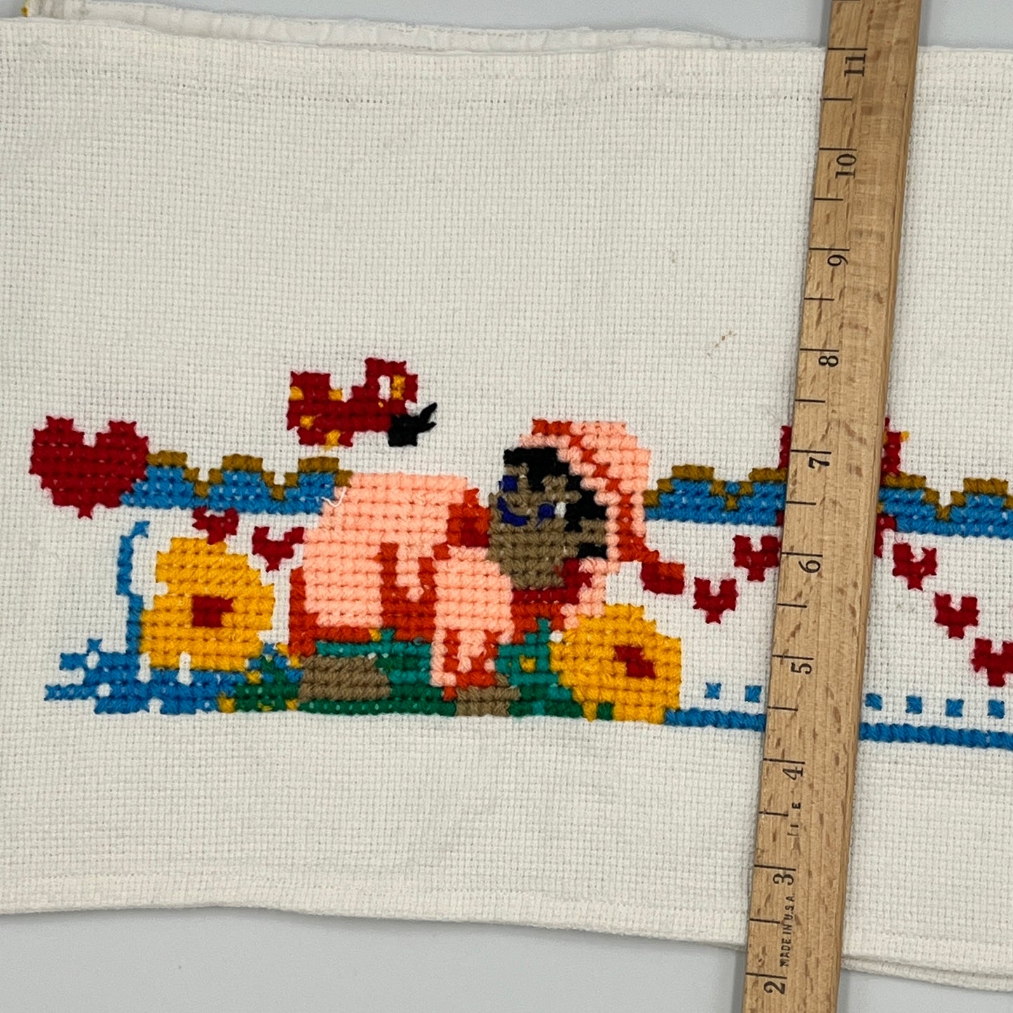 Vintage Hand-Stitched Cross Stitch Panel, 9” x 27”