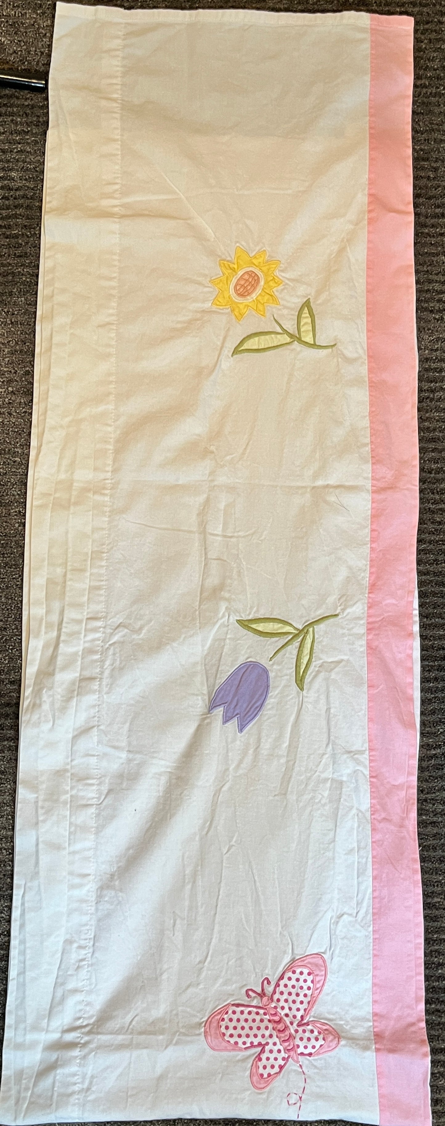 Pink Floral & Butterfly Appliqué Curtain Valance, Cotton, 15” x 80”