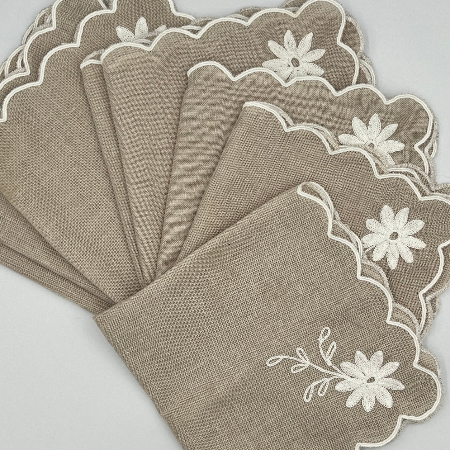 Set of 8Taupe Linen Napkins with Embroidered Daisies, 15” x 15”
