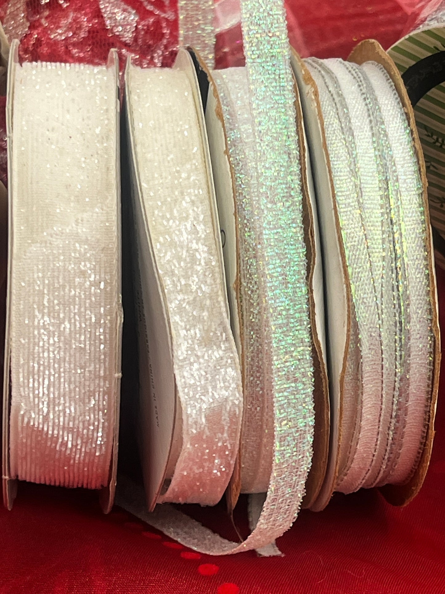 Red & White Holiday Ribbon + Sheer Fabric Decor Bundle: Glittered Plaids, Poinsettias and Snowflake Sheers