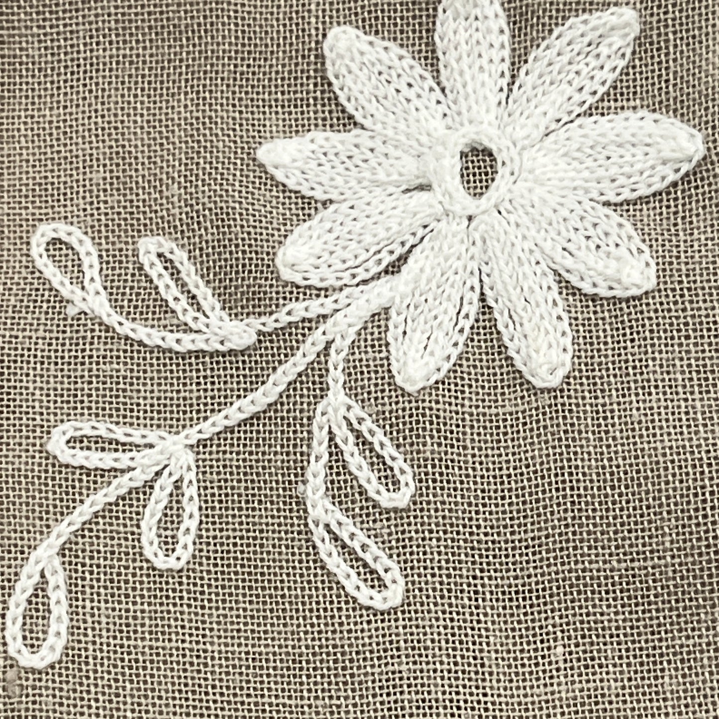 Set of 8Taupe Linen Napkins with Embroidered Daisies, 15” x 15”