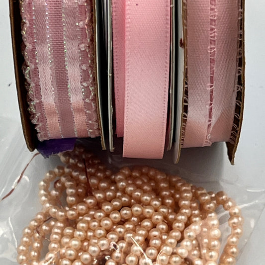 Ribbon Bundle, Blush Pink & Pearl Trim, Satin, Textured, and Beaded
