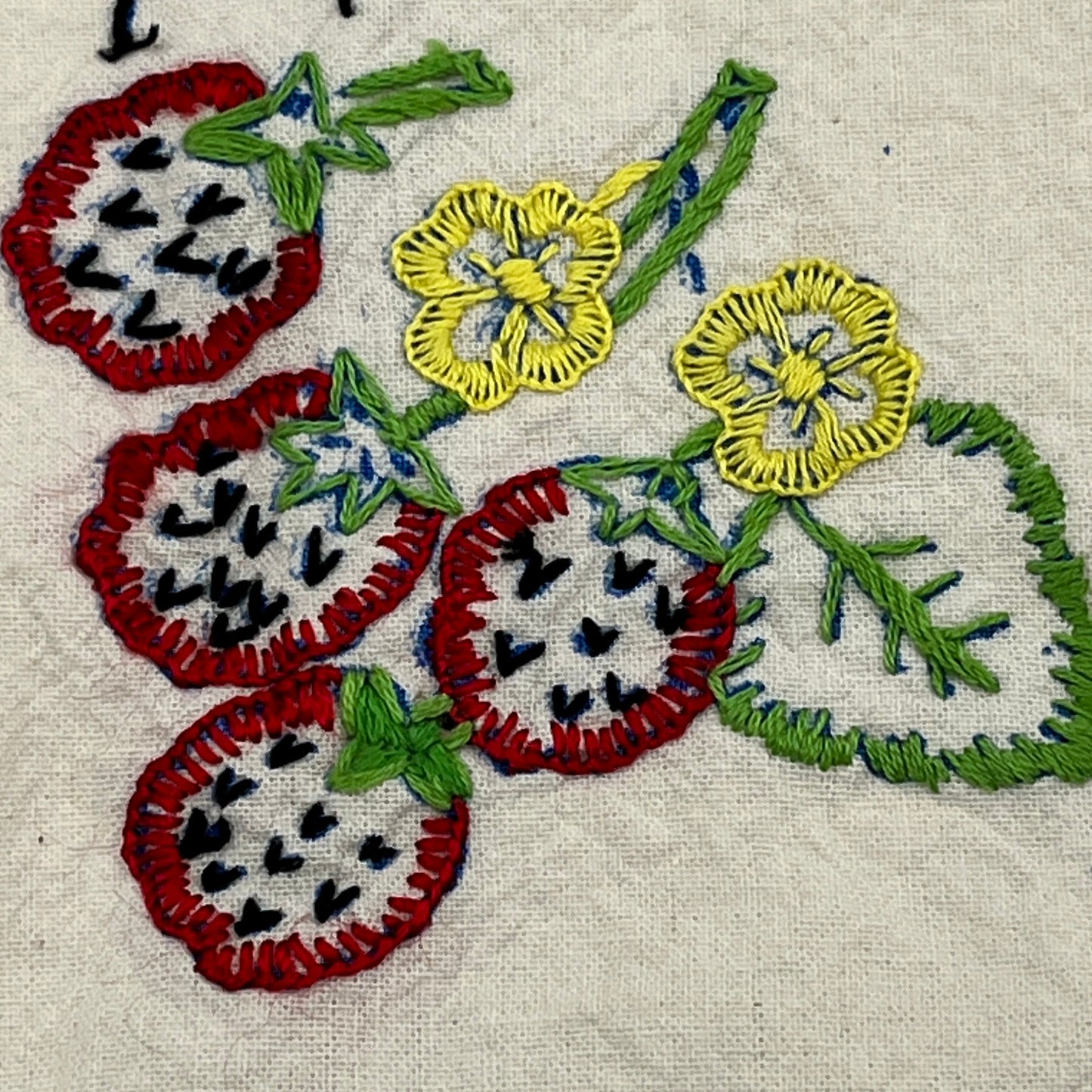 Vintage Hand-Embroidered Fruit & Flower Square, Cottagecore Linen Panel