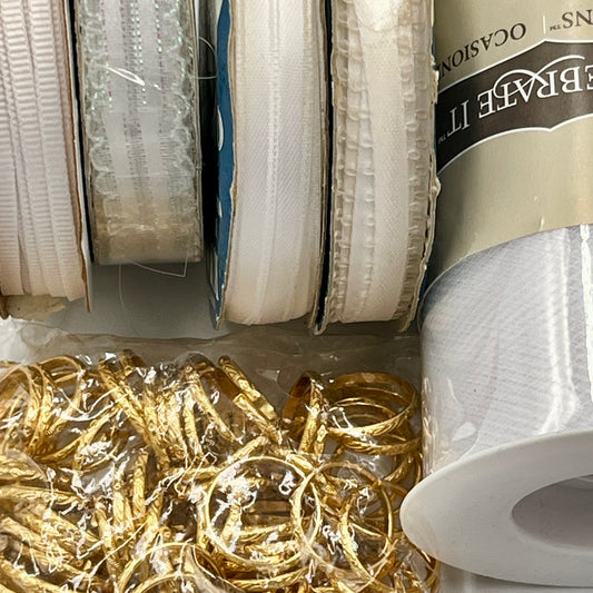 Ribbon Bundle, Bridal Whites & Gold Tone Rings, Lace, Satin, and Tulle Trims