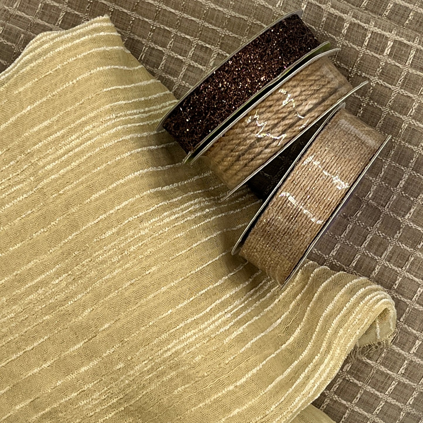 Fall, Neutral Crafting Bundle – 2 Fabric Pieces + 3 Spools Ribbon & Cord