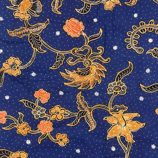 2 1/3 Yards Navy & Gold Floral Batik Print, Cotton