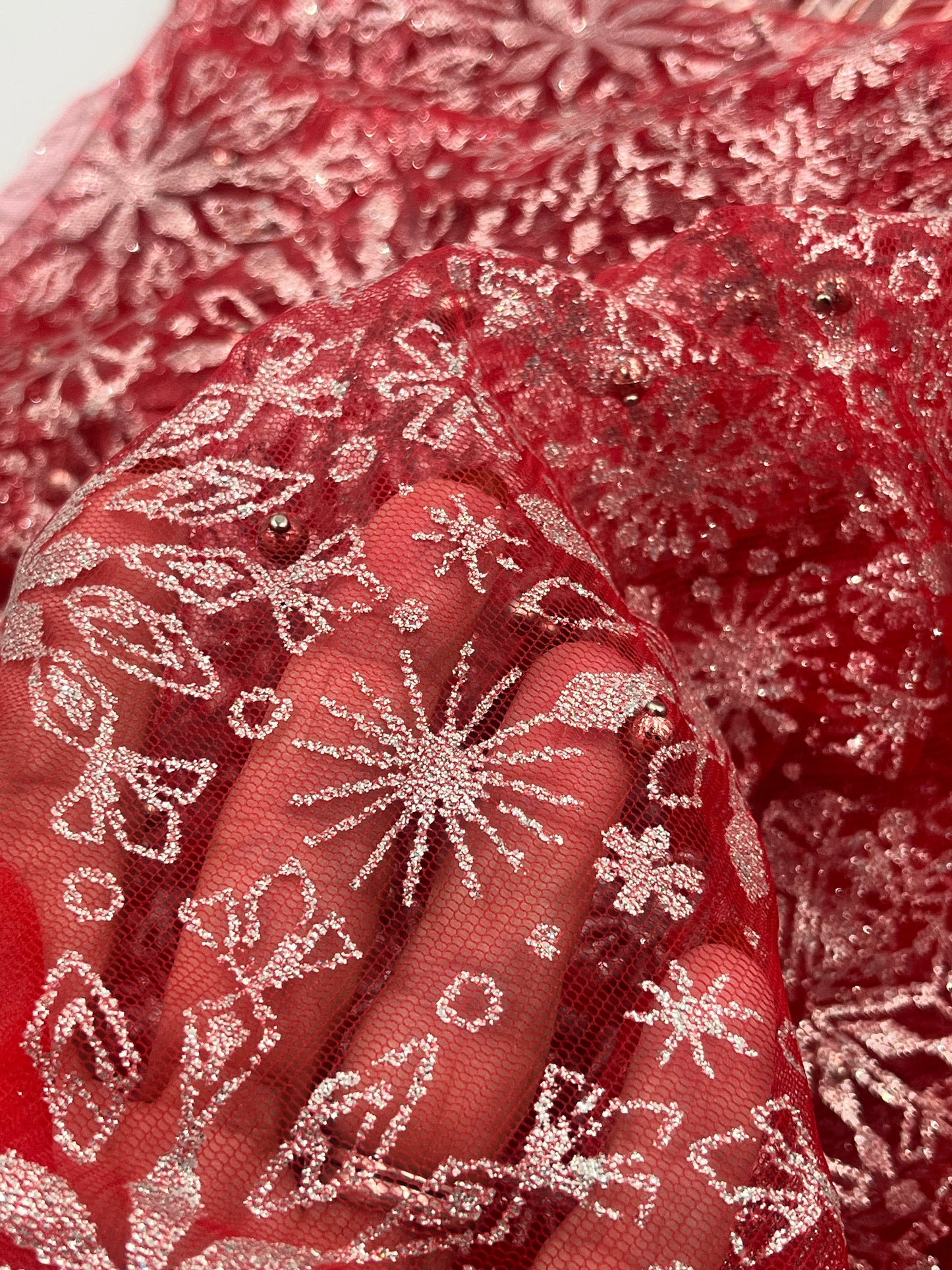 Red & White Holiday Ribbon + Sheer Fabric Decor Bundle: Glittered Plaids, Poinsettias and Snowflake Sheers